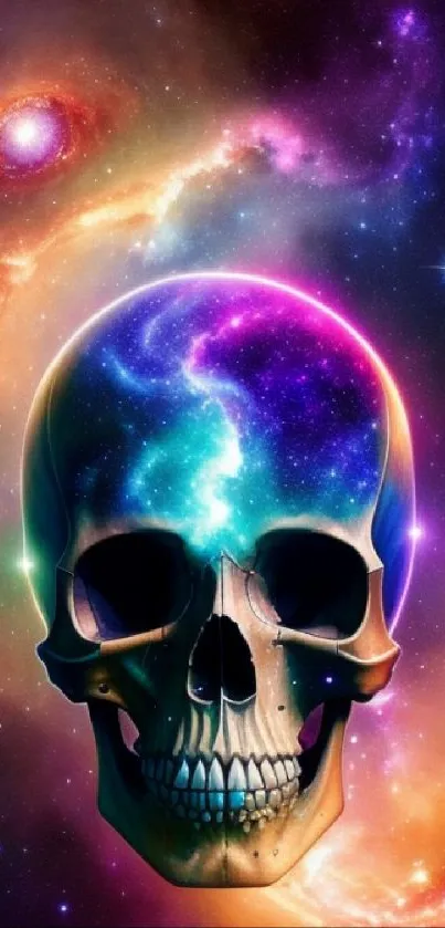 Cosmic galaxy skull with vibrant space background.