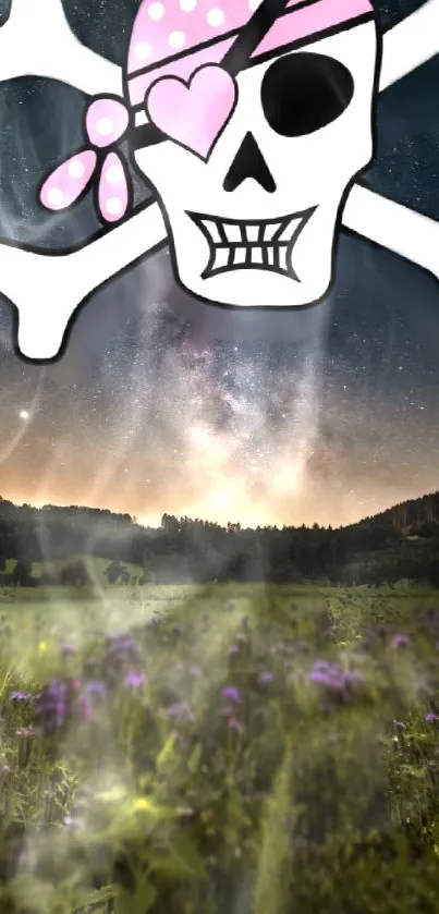 Playful skull with galaxy backdrop on mobile wallpaper.