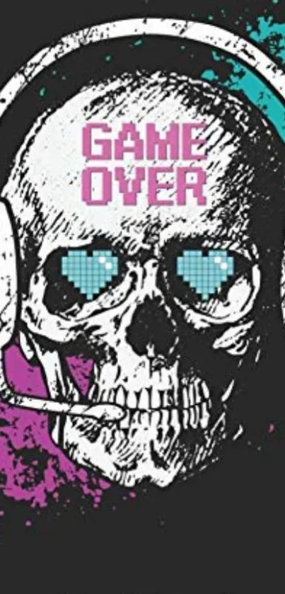 Skull wearing headphones with 'Game Over' text on dark background.