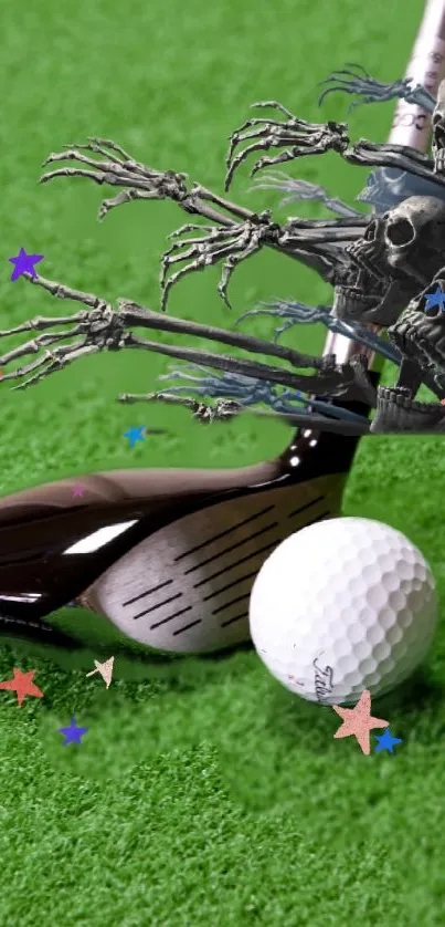 Golf club with skull art on green grass wallpaper.