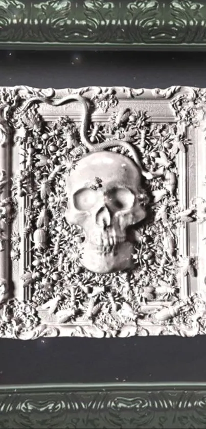 Gothic style wallpaper with an ornate skull design in a detailed frame.