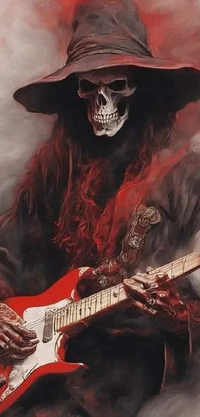 Skeletal guitarist in red flames, exuding gothic rock artistry.