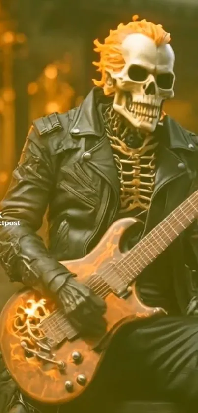 Skull-headed guitarist with a flaming guitar and leather jacket.