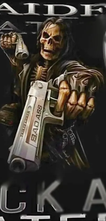 Skeleton holding guns in dark raider art mobile wallpaper.