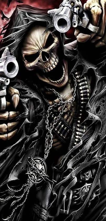 Dark gothic wallpaper with a skull holding guns.