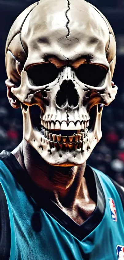 Surreal basketball player with skull head in teal and shadowy background.