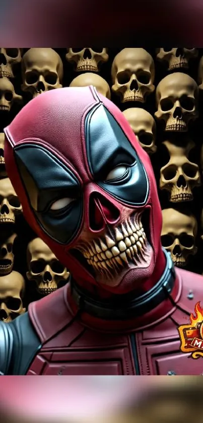 Crimson-suited hero with a skull face in front of skulls.