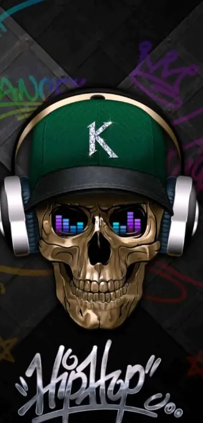 Graffiti-style skull with headphones and cap on black background.