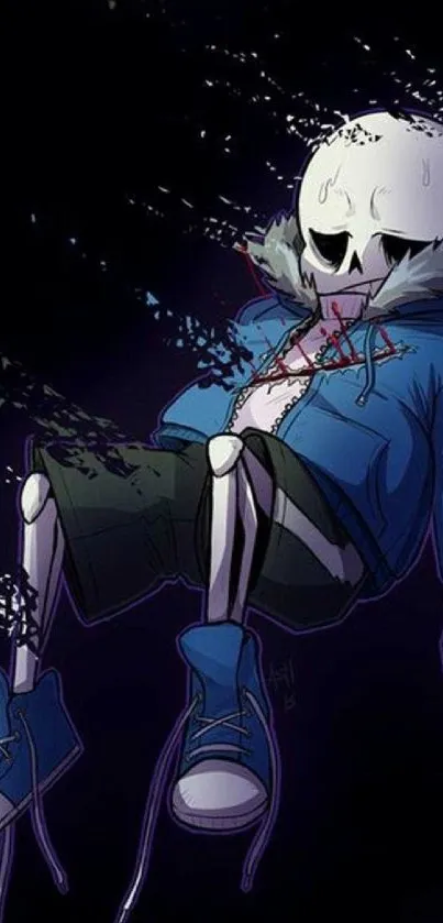 Dark skeleton in blue hoodie on black background wallpaper.