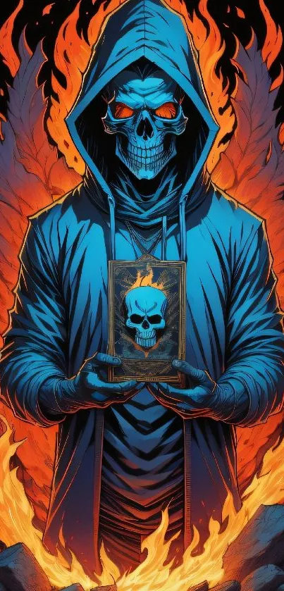 Skull in hoodie surrounded by orange flames.