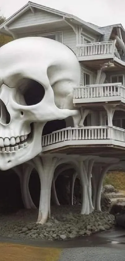 Surreal house shaped like a giant skull, blending fantasy and architecture.