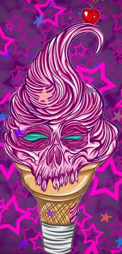 Purple wallpaper with skull ice cream cone and stars.