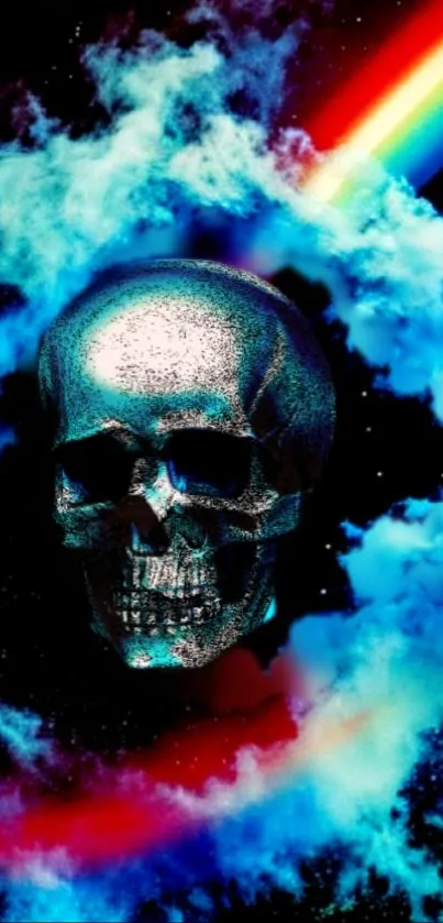 Skull surrounded by cosmic rainbow and clouds in space.