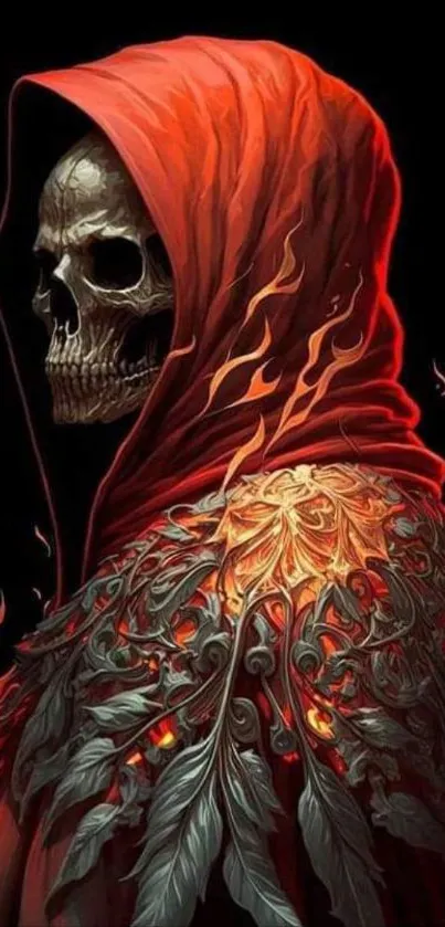 Dark skull in a hooded fiery red cloak and intricate designs.