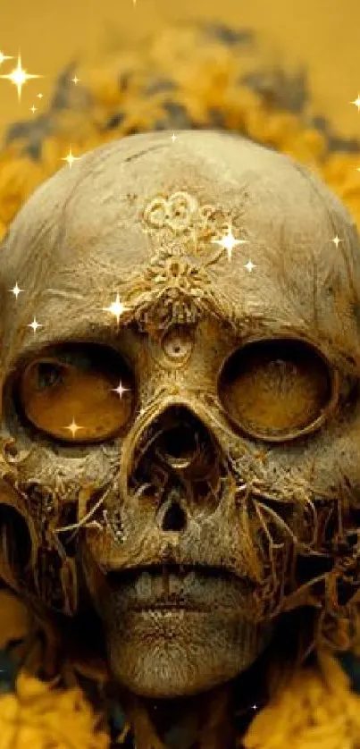 Artistic skull with yellow floral design on phone wallpaper.