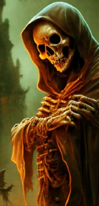 Haunting illustration of a hooded skeleton in a gothic style.