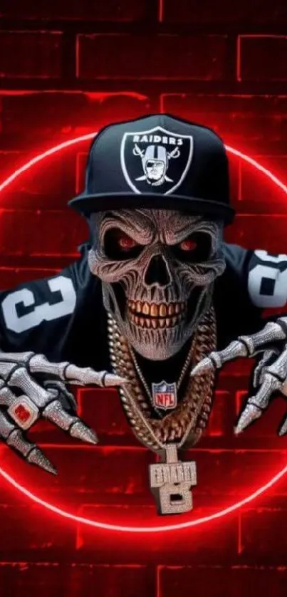 Skull with jewelry in red neon circle on dark brick wall.