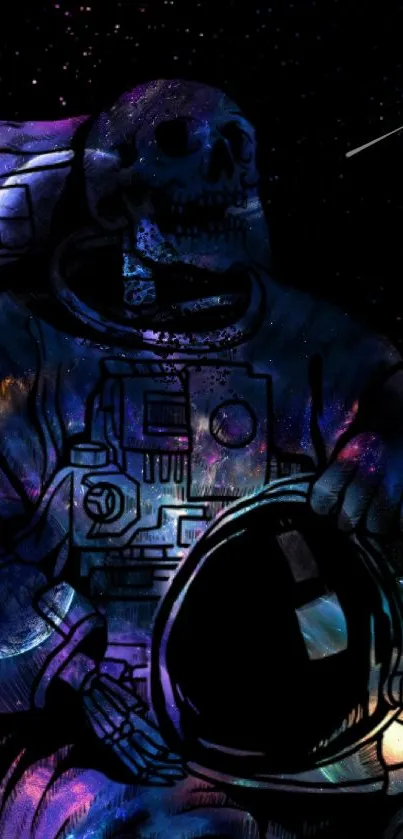 Surreal skull in astronaut suit, cosmic background.