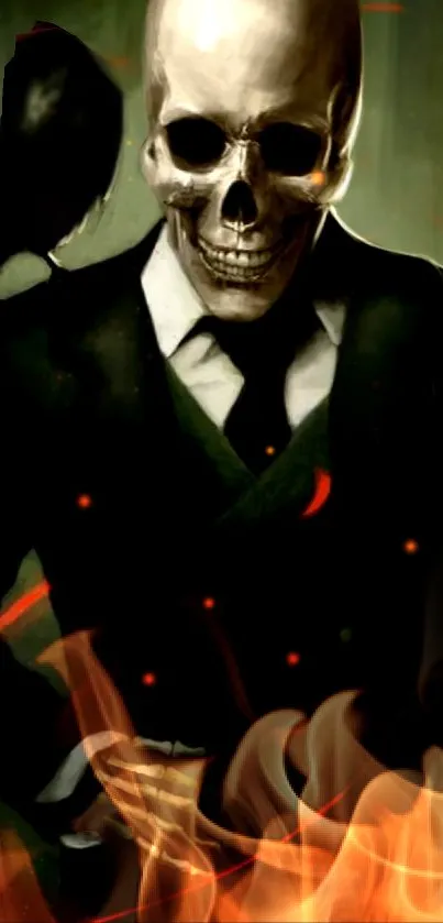 Skeleton in a suit with flames, dark mobile wallpaper.