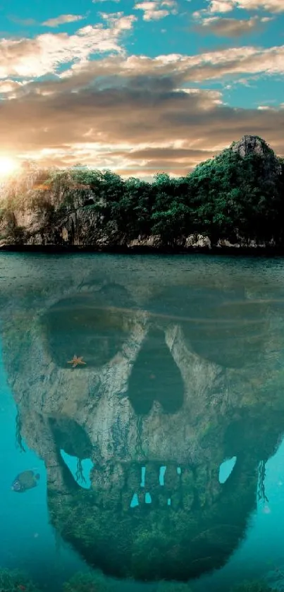 Fantasy island under sunset with hidden skull reflection in ocean.