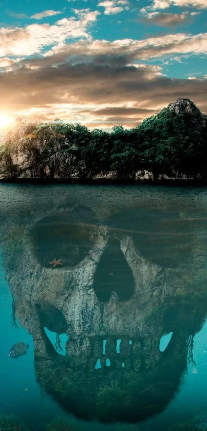 Mysterious skull island reflected in ocean water under sunset sky.