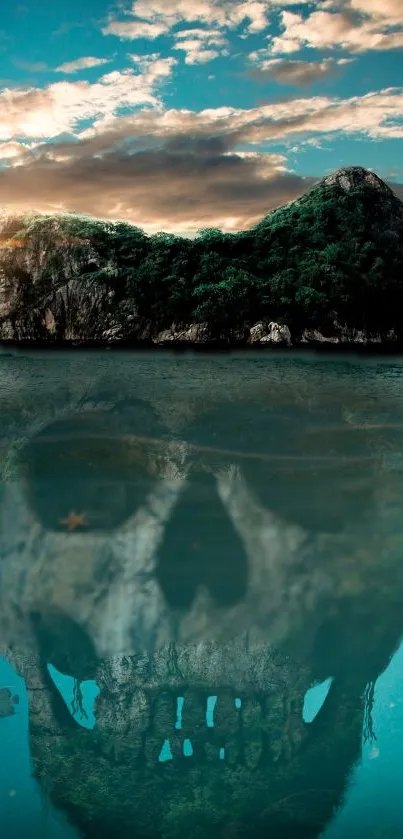 Skull reflection beneath island over calm ocean waters.