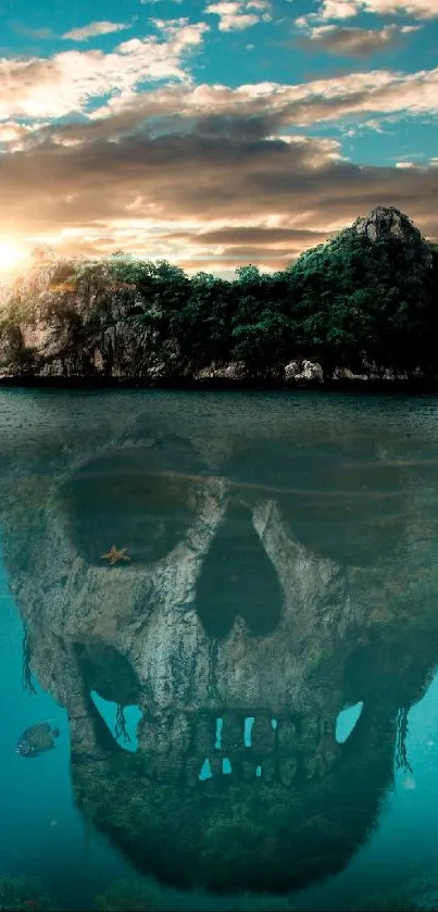 Tropical island with skull reflection in ocean.