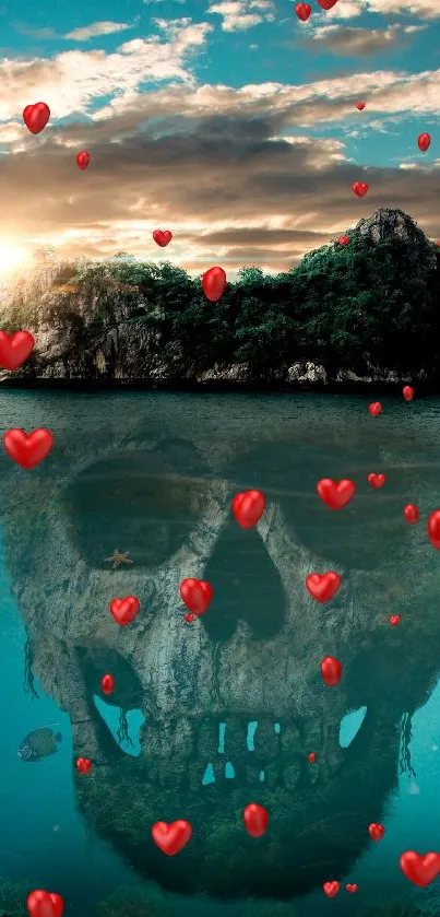 Skull reflection in ocean under tropical island