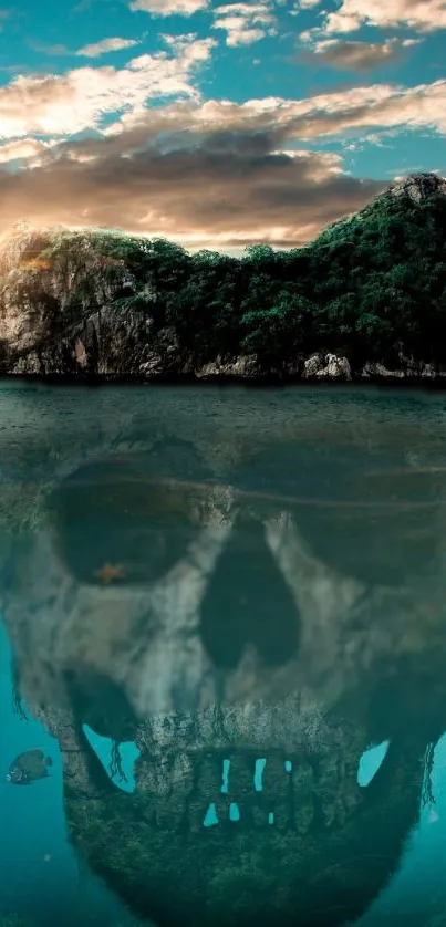 Captivating skull reflection under a lush island in teal ocean.