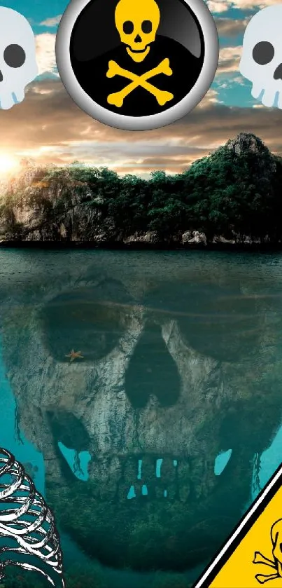 Skull Island scene with ocean and sun.