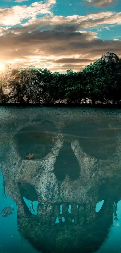 Skull island reflected underwater with vibrant ocean.