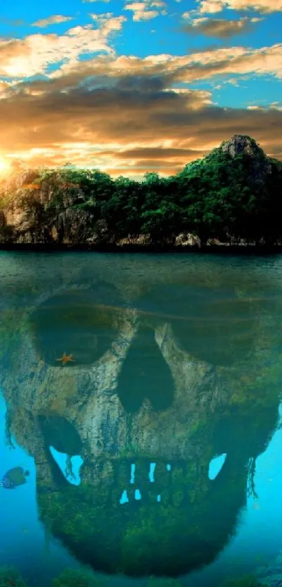 Mysterious skull island at sunset with blue ocean and vibrant sky.