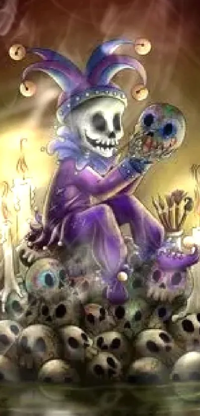 Skull jester art with skulls and candles, dark fantasy theme.