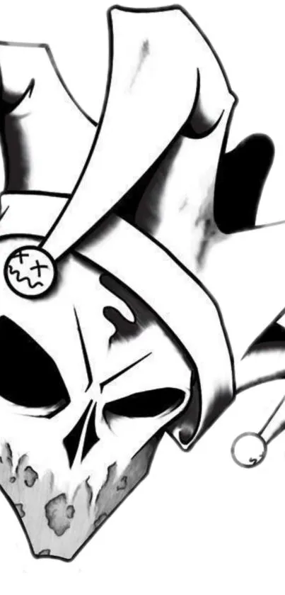 Monochrome skull jester design wallpaper with gothic style.