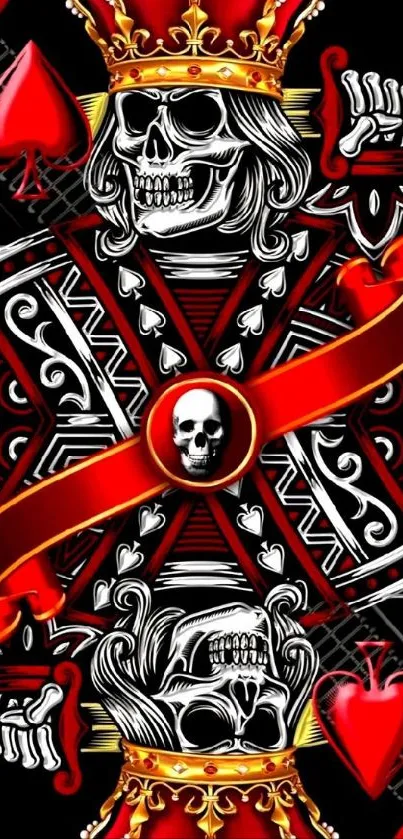 Striking Skull King card wallpaper in red and black with intricate royal motifs.