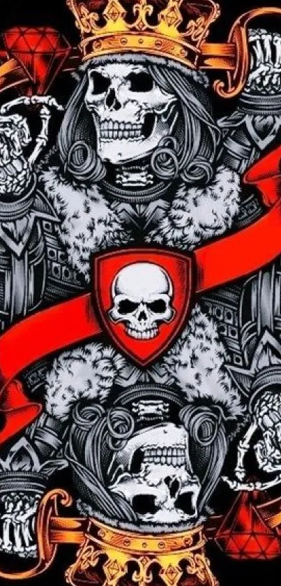 Gothic skull king playing card wallpaper with bold red and black elements.