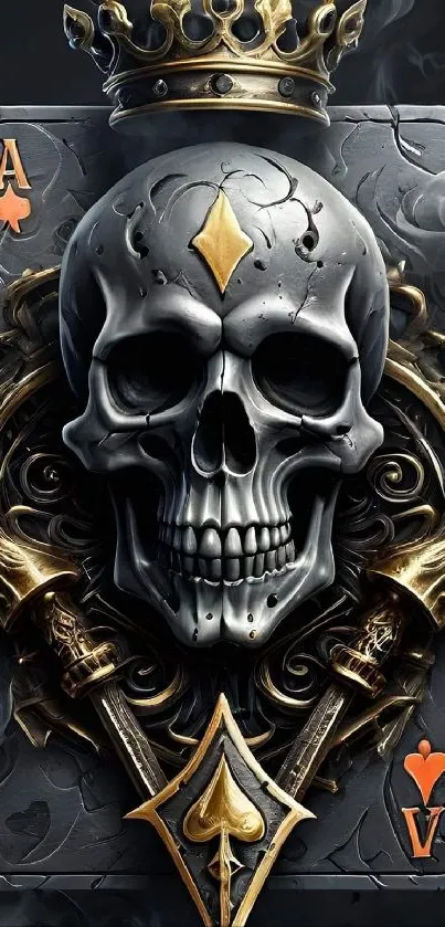 Gothic skull with a crown on a playing card background.