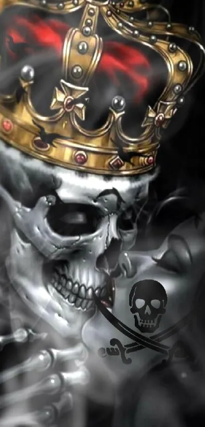 Skull with a golden crown on a dark background.