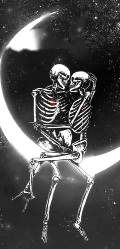 Skeleton couple sits on a crescent moon under a starry sky.