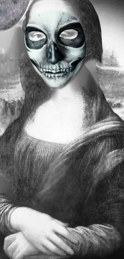 Mona Lisa with a skull mask in a gothic art style.