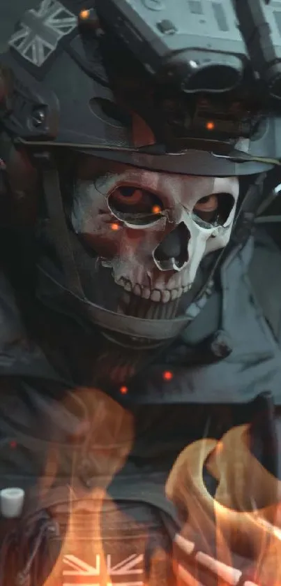 Soldier wearing a skull mask with tactical gear.