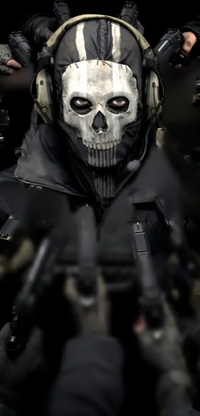 Skull mask soldier surrounded by hands and weapons in a dark, tactical scene.