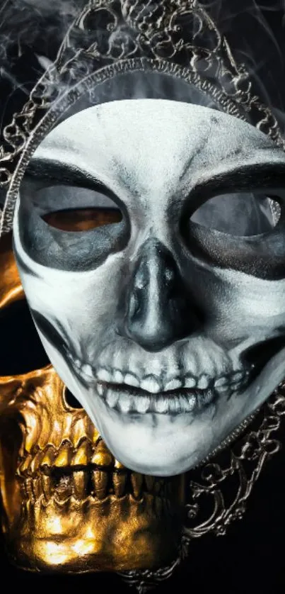 Artistic skull masks with gold and silver tones.