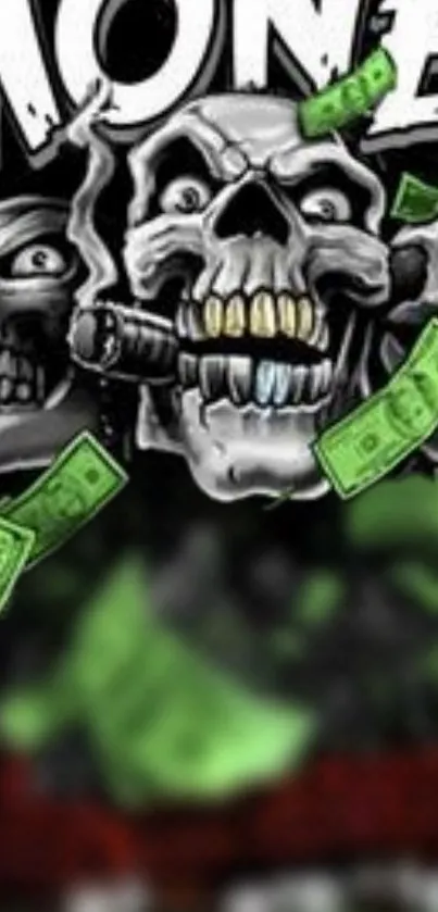 Skull-themed phone wallpaper with money and cigars.