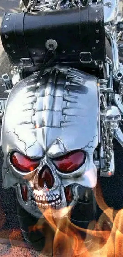 Motorcycle with skull detailed rear design in silver and red accents.