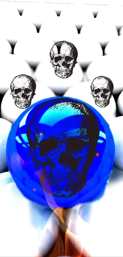 Skull design on a vibrant blue orb, set against a white background.