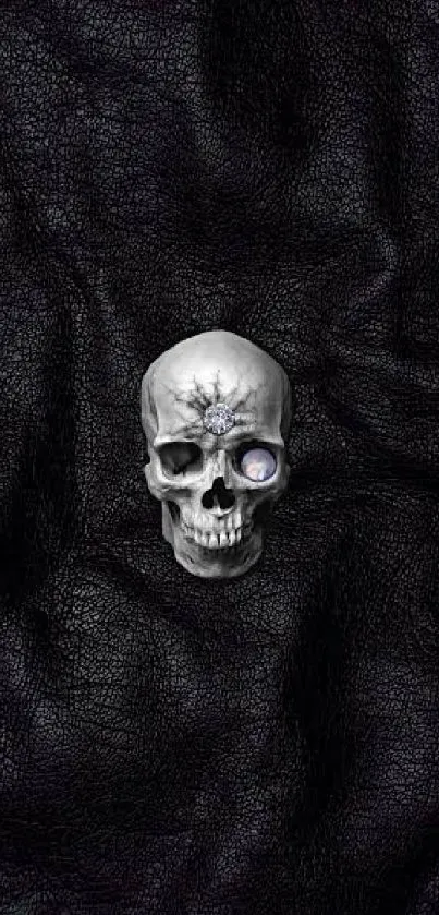 Dark skull on textured leather background wallpaper.