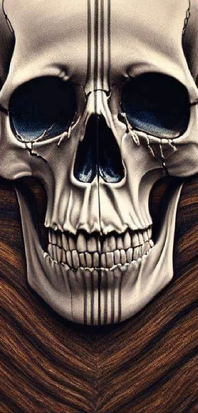 Intricate skull design with a wooden background on a mobile wallpaper.