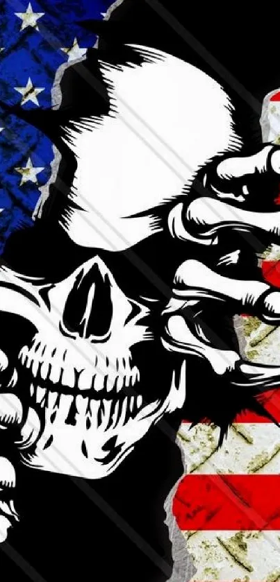 Skull design merging with the American flag on a mobile wallpaper.