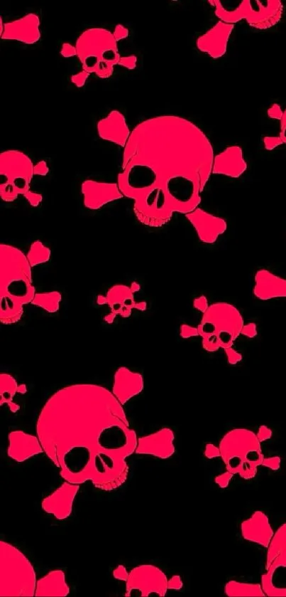 Pink skulls on a black background wallpaper, edgy and bold design for mobile.